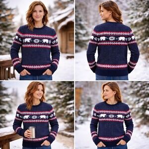 Aspen Sweater Womens Size XL Navy Polar Bear Fair Isle Nordic Winter
